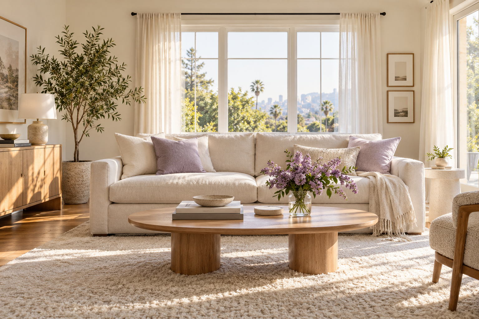 A sunlit living room with a cream sofa, flowers, and warm natural textures